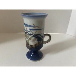 Vintage OTAGIRI Stoneware Pedestal Irish Coffee Mug Seagulls Lighthouse Nautical